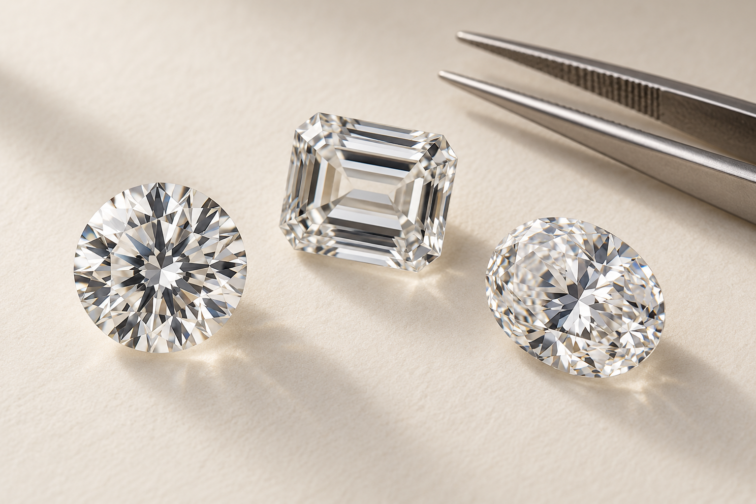 Round, emerald-cut and oval loose gemstones beside jeweler tweezers