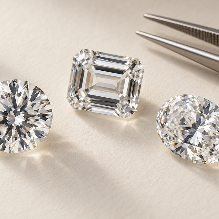 Round, emerald-cut and oval loose gemstones beside jeweler tweezers