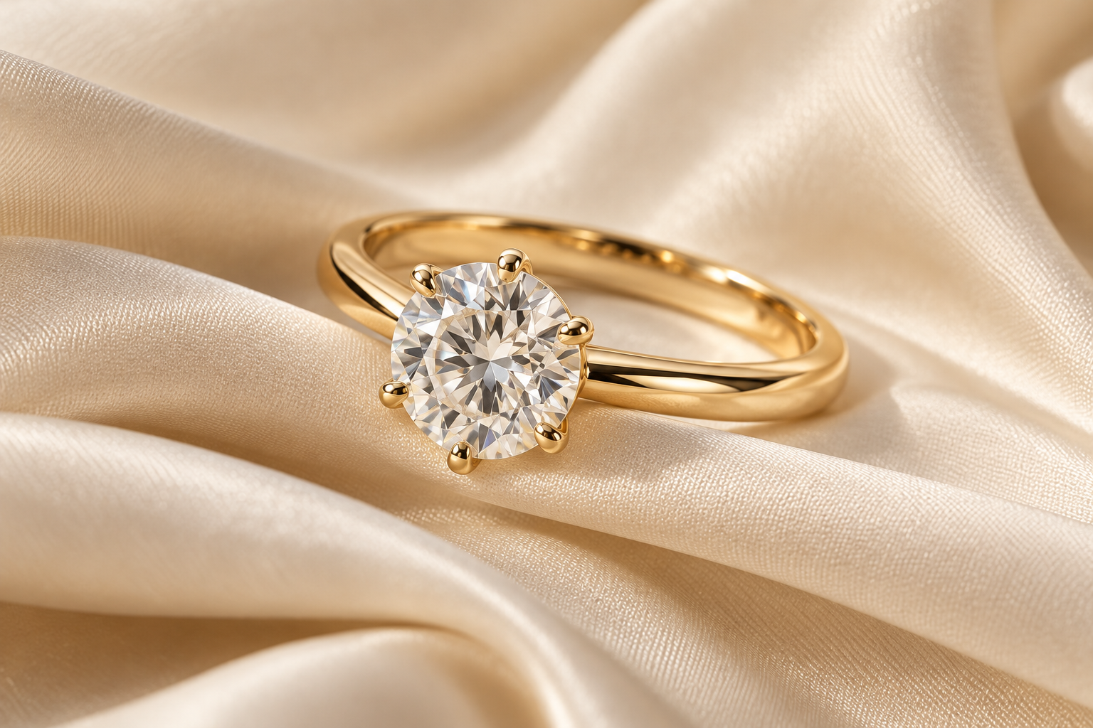 Round solitaire ring in yellow gold on ivory silk
