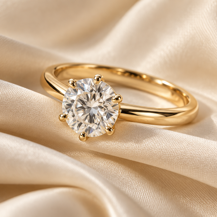 Round solitaire ring in yellow gold on ivory silk
