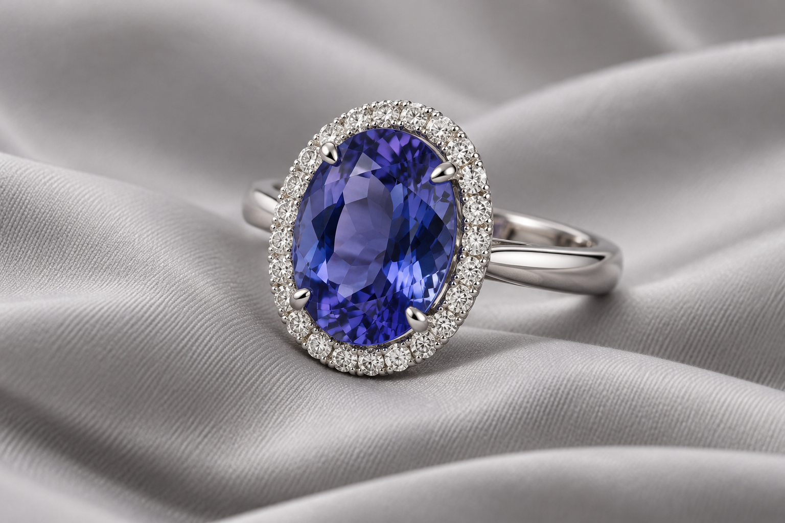 Oval blue-violet halo ring on pale gray silk