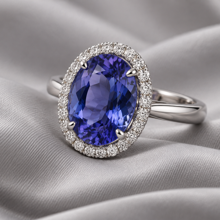 Oval blue-violet halo ring on pale gray silk