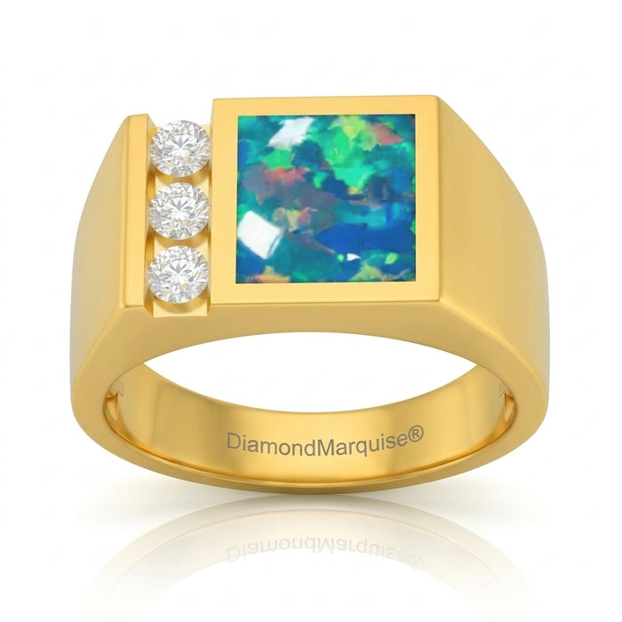 Men's Inlay Opal and Diamond Ring 0.50ct tw 14kt Gold