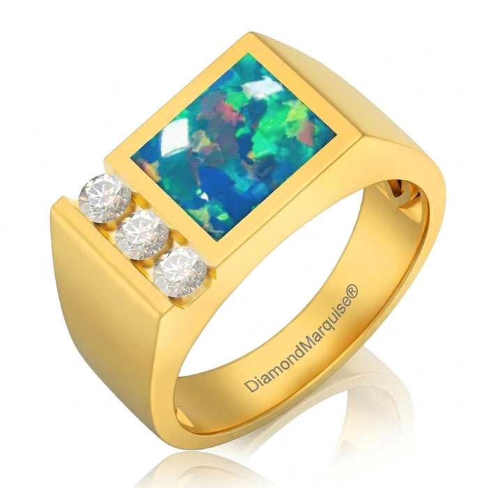 Men's Inlay Opal and Diamond Ring 0.50ct tw 14kt Gold