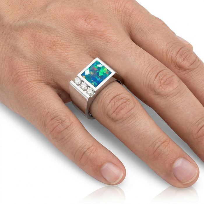 Men's Inlay Opal and Diamond Ring 0.50ct tw 14kt Gold