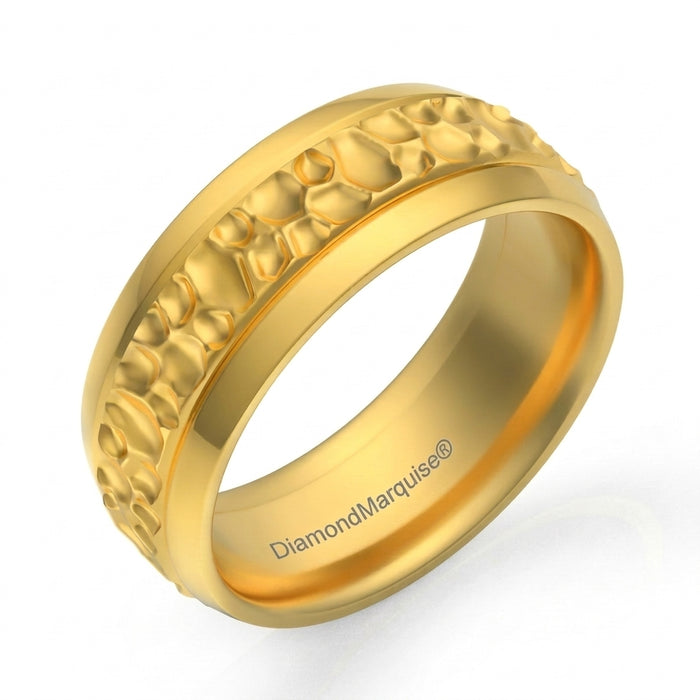 Wedding Band 14kt Gold Beveled 7MM Hammered Gold