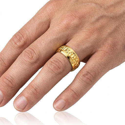 Wedding Band 14kt Gold Beveled 7MM Hammered Gold