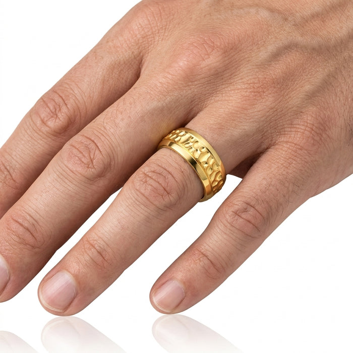 Wedding Band 14kt Gold Beveled 7MM Hammered Gold