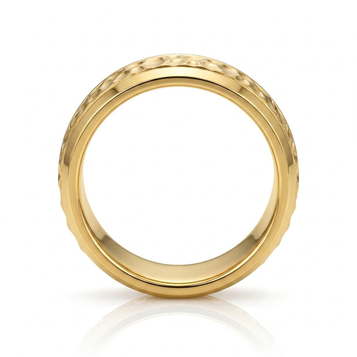 Wedding Band 14kt Gold Beveled 7MM Hammered Gold