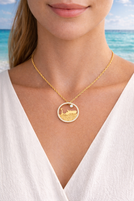 Circle of Grand Cayman Islands Map Necklace 1.00CTW Diamonds on Border 14K Gold