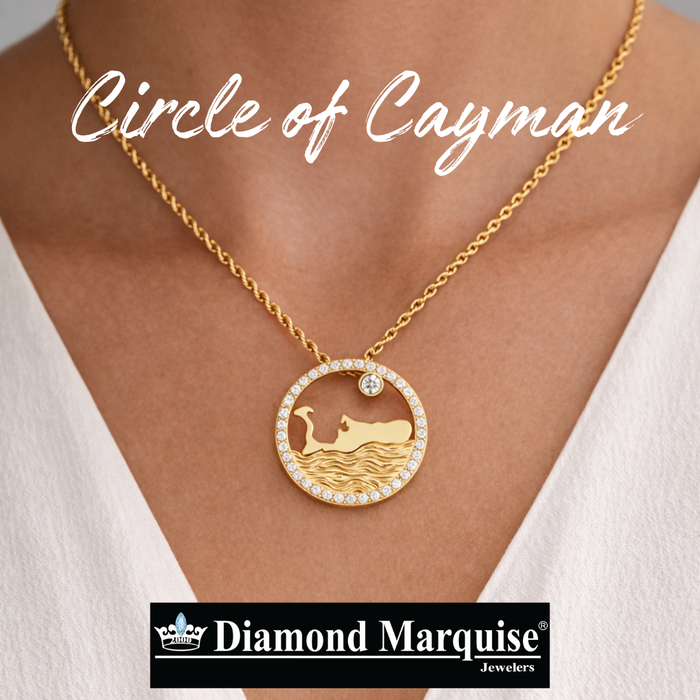 Circle of Grand Cayman Islands Map Necklace 1.00CTW Diamonds on Border 14K Gold