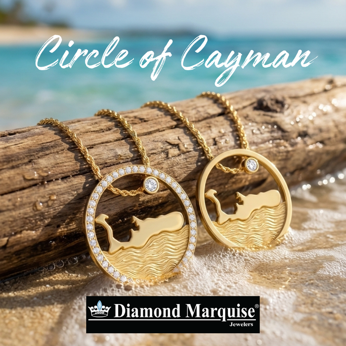 Circle of Grand Cayman Islands Map Necklace 1.00CTW Diamonds on Border 14K Gold