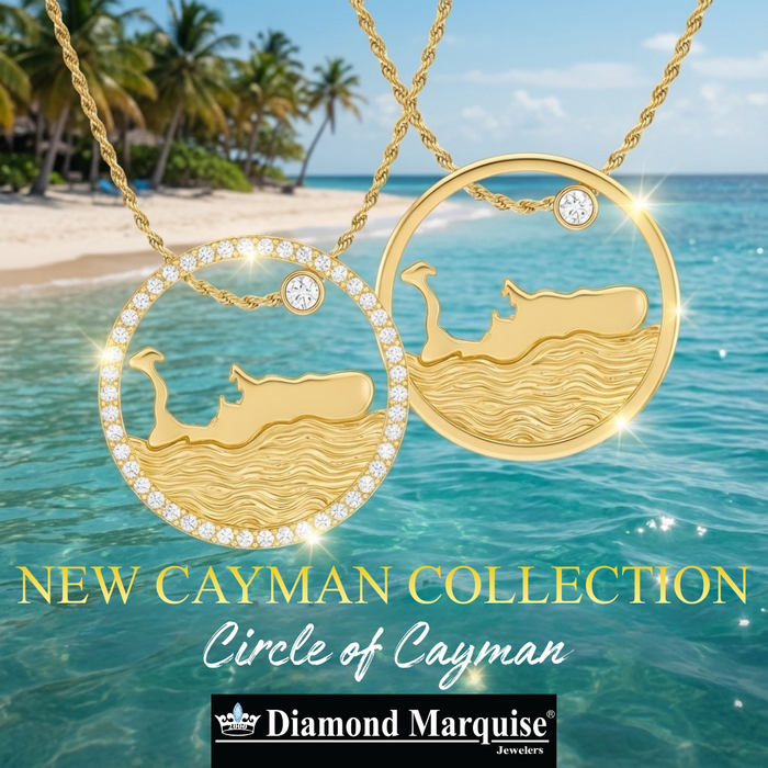 Circle of Grand Cayman Islands Map Necklace 1.00CTW Diamonds on Border 14K Gold