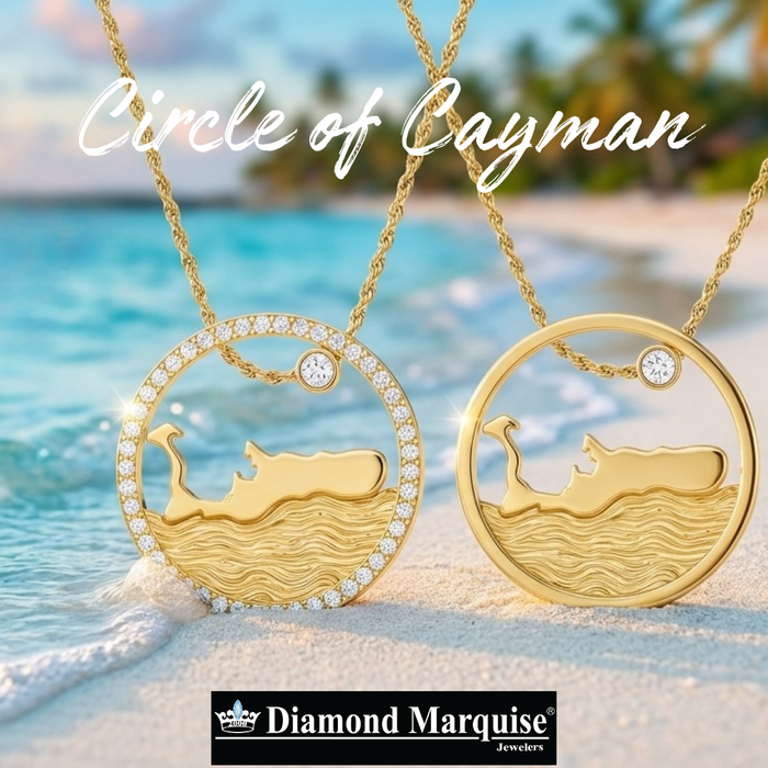 Circle of Grand Cayman Islands Map Necklace 1.00CTW Diamonds on Border 14K Gold