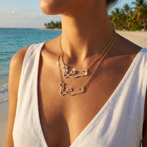 Medium Outline Grand Cayman Islands Map Necklace 0.30CTW Diamonds on Border 14K Gold