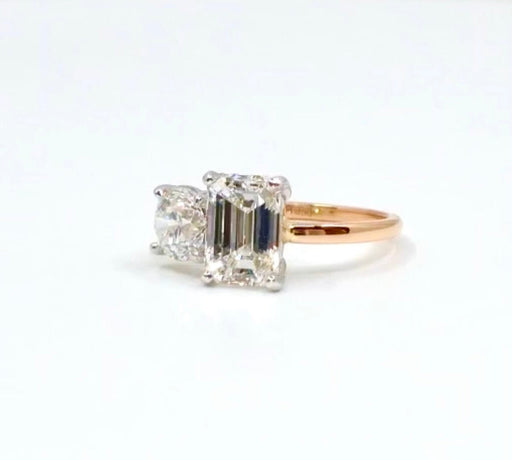 Two Stone Diamond Engagement Ring 2.00 carat Emerald Cut with 1.00 carat Round Diamond  14kt Gold