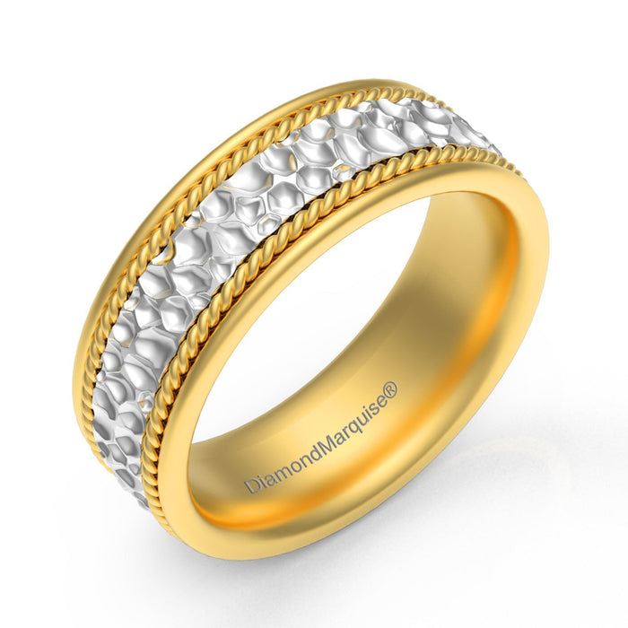Wedding Band 14kt Gold 6MM Yellow & White Gold With Milgrain And Hammered