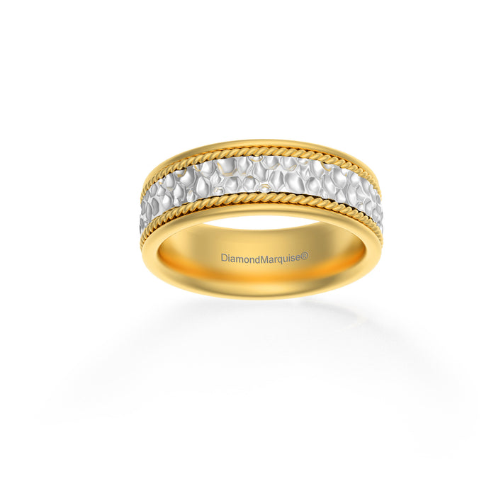 Wedding Band 14kt Gold 6MM Yellow & White Gold With Milgrain And Hammered